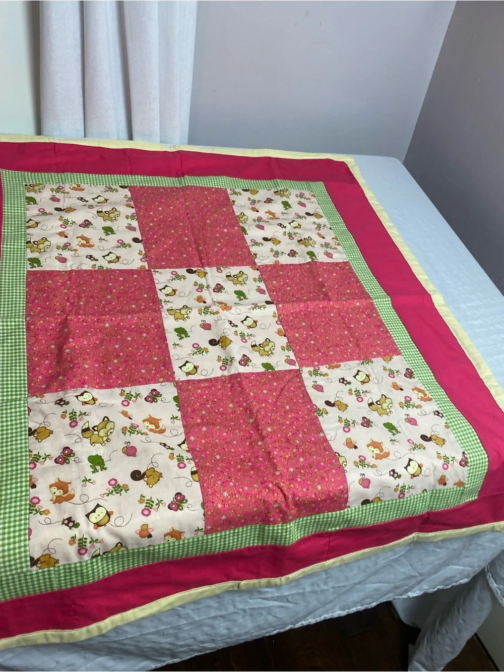 Handmade Patchwork Baby Quilt - Pink, Green, Cream